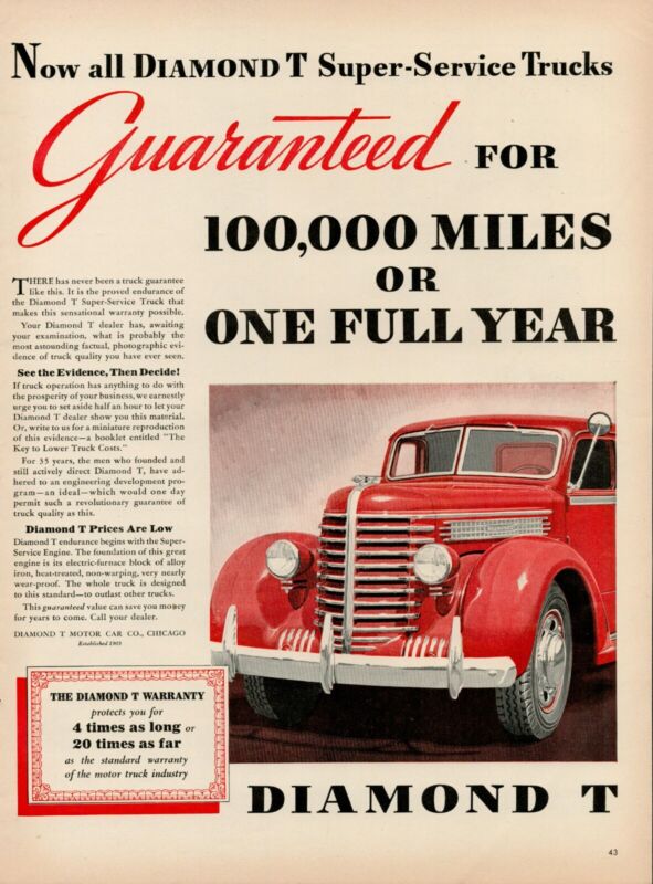 1939 Car Auto Truck Diamon T Motor Company 1930s Vintage Print Ad Chicago IL