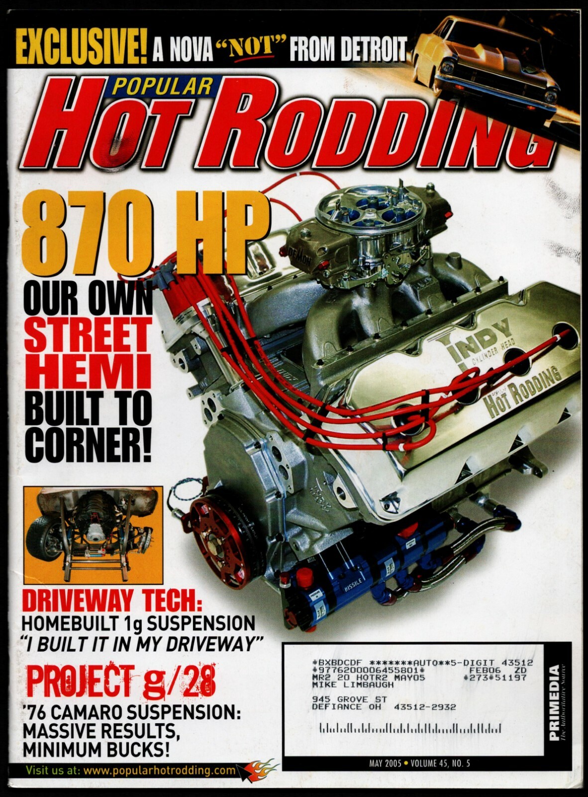 MAY 2005 POPULAR HOT RODDING MAGAZINE 572ci HEMI BUILD, '67