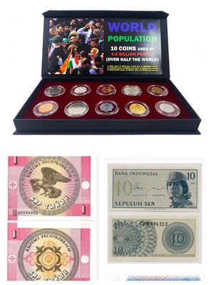World Population: 10 Coins used by 4.3 Billion People + 25 UNC World Banknotes 