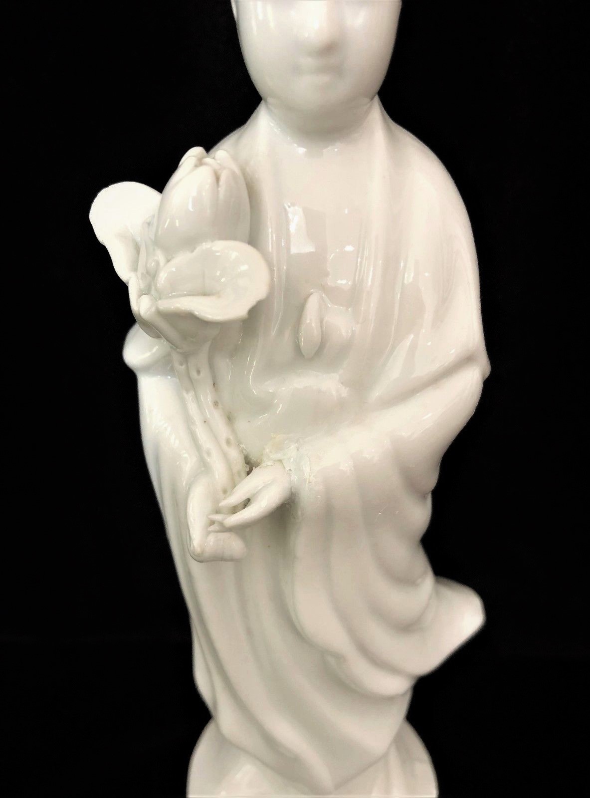 Vintage Blanc De Chine Porcelain Figure of Guanyin Holding Lotus Flower Kwan Yin