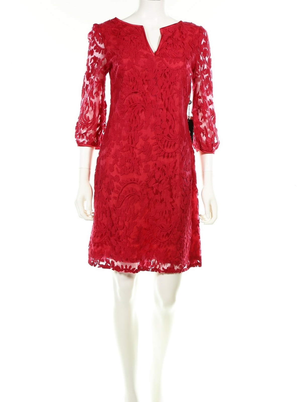 Adrianna Papell 134083 Womens Red Embroidered 3/4 Sleeve Shift Dress Size 4