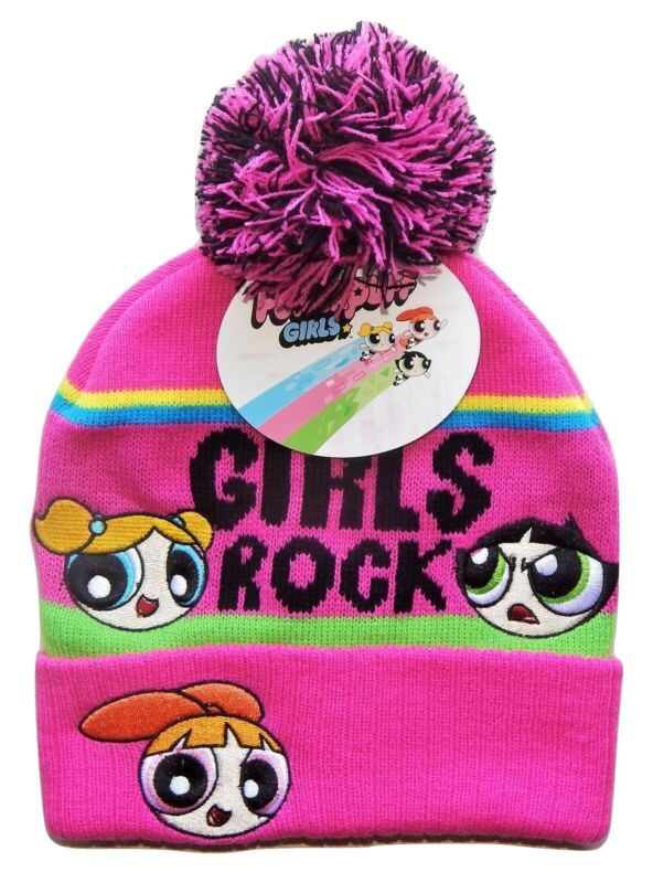 POWERPUFF GIRLS Pink Knit Winter Pom Beanie Hat w/ Optional Texting Gloves NWT
