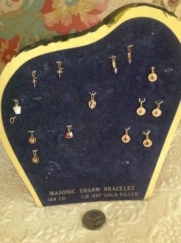 Masonic Charm Bracelet Charms On Original Card All 14 Are 1-20 12k Gold Filled