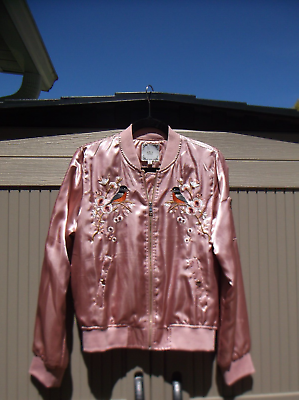 IRIS Los Angeles PINK FLORAL BIRDS SATIN Bomber Jacket Size LARGE