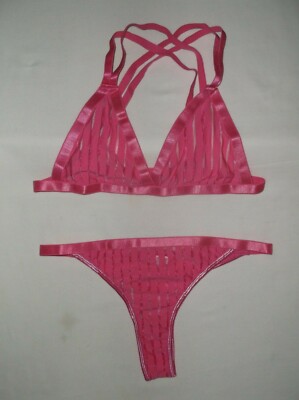 Shein stripe mesh crisscross bralette & thong panties S hot pink 80's retro