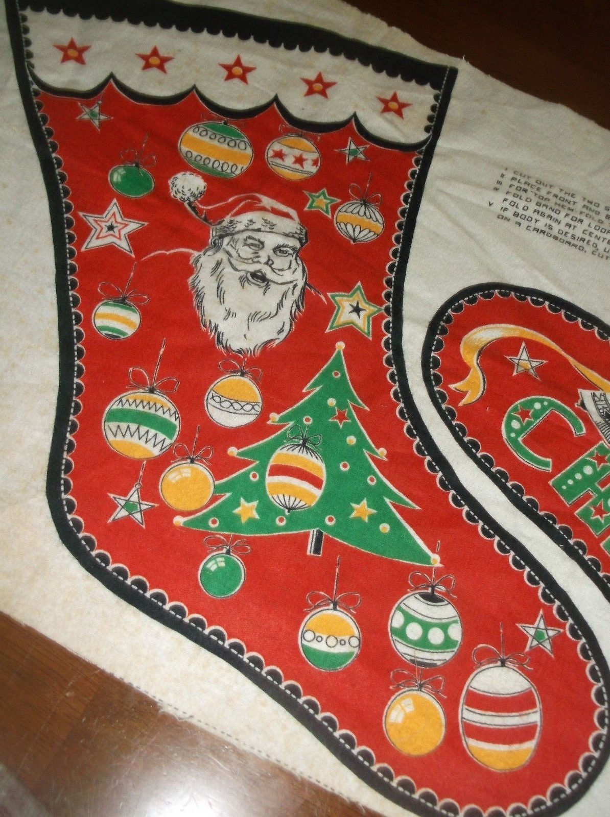 vtg old Christmas sock print fabric panel cut out,18