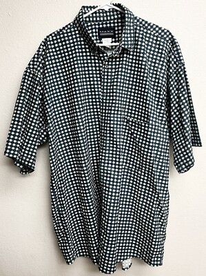 MAXX FM Vintage Blue Green Square Pattern Button Down Shirt Men's 2XLT USA EUC