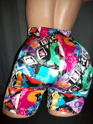 Vtg Shape Abstract Satin Shine Nylon Spandex Colorful Shorts M USA