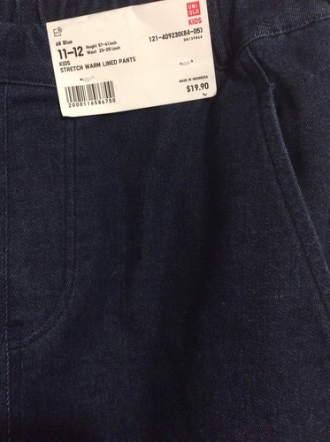 New Uniqlo Kids Warm Stretch Warm Lined Jeans Pants Pull Up Elastic SZ 11-12