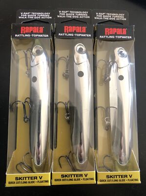 3 Rapala Skitter V 13 Topwater Fishing Lure Tackle Pure Chrome 5-1/4 