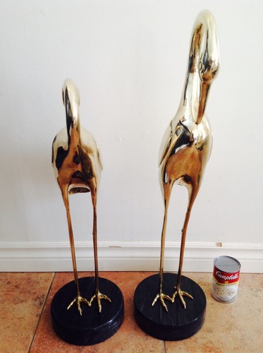 Vintage Huge Large Heavy Brass Brassware Heron Cranes Bird Marble Base - Pair