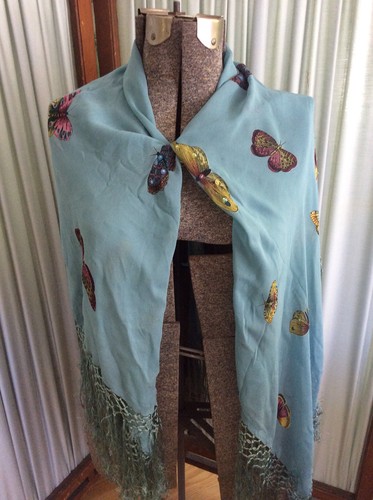 Celadon Rayon Chiffon Butterfly Sequined Fringed Shawl