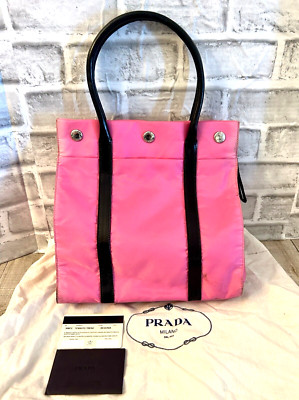 PRADA Trend Begoni PINK TESSUTO NYLON BLACK Leather Trim TOTE #113 ART: B9872