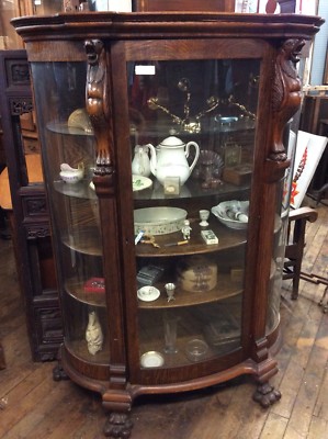 Antique  Oak China Cabinet, Curved Glass 66.25” H