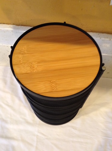 Storage Carrier Swinging Stackable Black Metal Bamboo Top