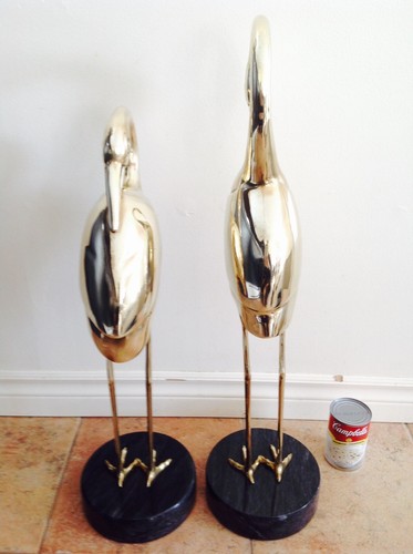 Vintage Huge Large Heavy Brass Brassware Heron Cranes Bird Marble Base - Pair
