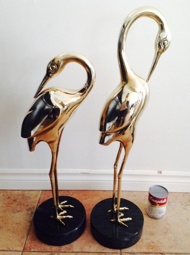 Vintage Huge Large Heavy Brass Brassware Heron Cranes Bird Marble Base - Pair