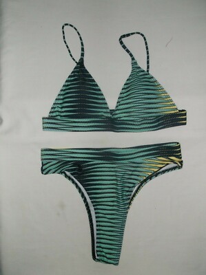 Shein 2pc bikini swimsuit S neon lines print high-leg cut triangle nip 80s retro