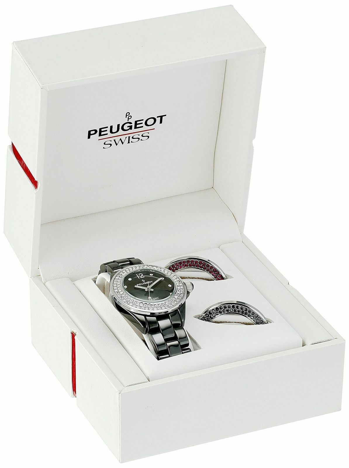 Pre-owned Peugeot Women's Watch Ps4910bk Black Ceramic Crystal Interchangeable Bezel Set