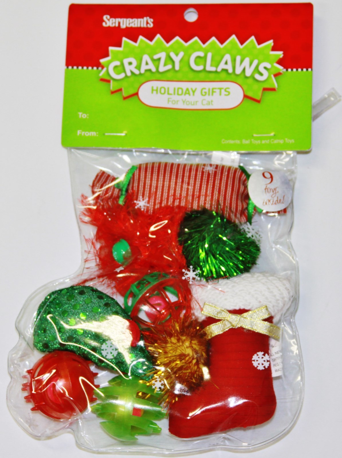 For Cats Holiday Gift Stocking 9 Pcs. Sergeant's Crazy Paws Ball Catnip Toy
