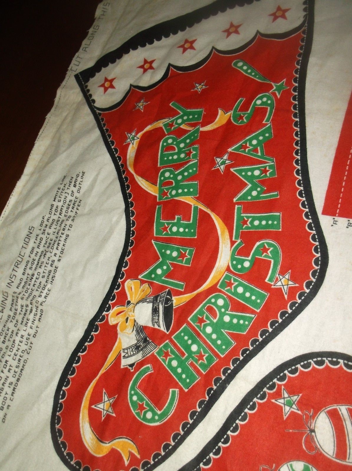 vtg old Christmas sock print fabric panel cut out,18