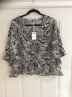 New Pep&Co Lagenlook Ivory Animal Frill Stretch Jersey Top - Size L 16-18 BNWT