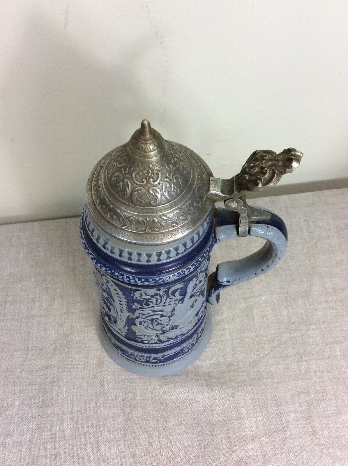 Beer Stein 1971 Replica Falstaff Germany pottery vtg blue pewter lid mug stone