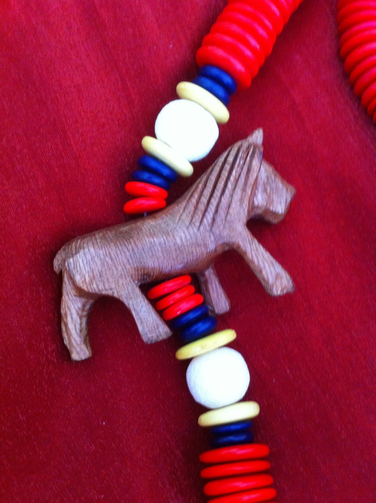 Vintage Wood Carved African Lion Necklace with Red Wood Disc Beads & Shells