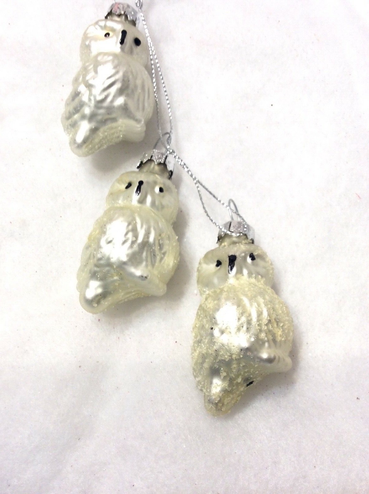 3 White Glass Owl FEATHER TREE Christmas Ornaments