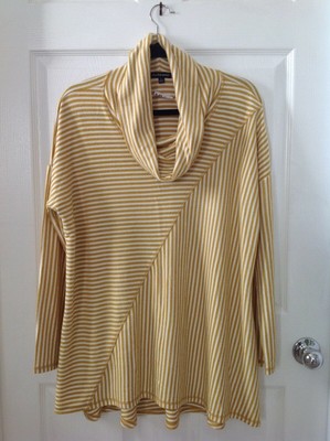 Cha Cha Vente Women Sz L Gold & White Diag Stripe High Low Hem Cowl Neck Top NEW