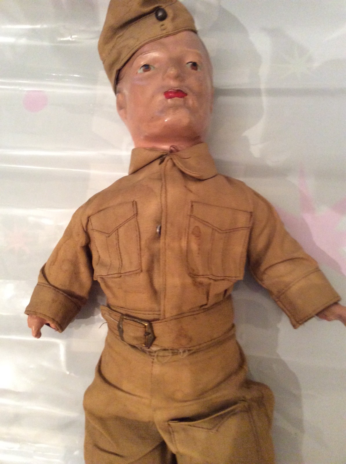 WWII Soldier Doll in Uniform Chalkware Head 20 inches Composition