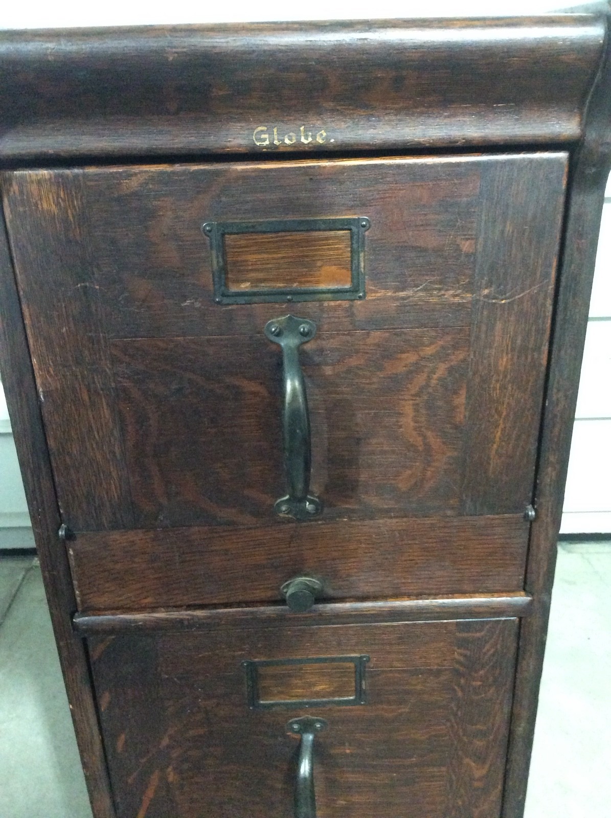 Vintage Globe 3-Drawer Oak Wood File Filing Cabinet Antique Tilt Out Face Wooden