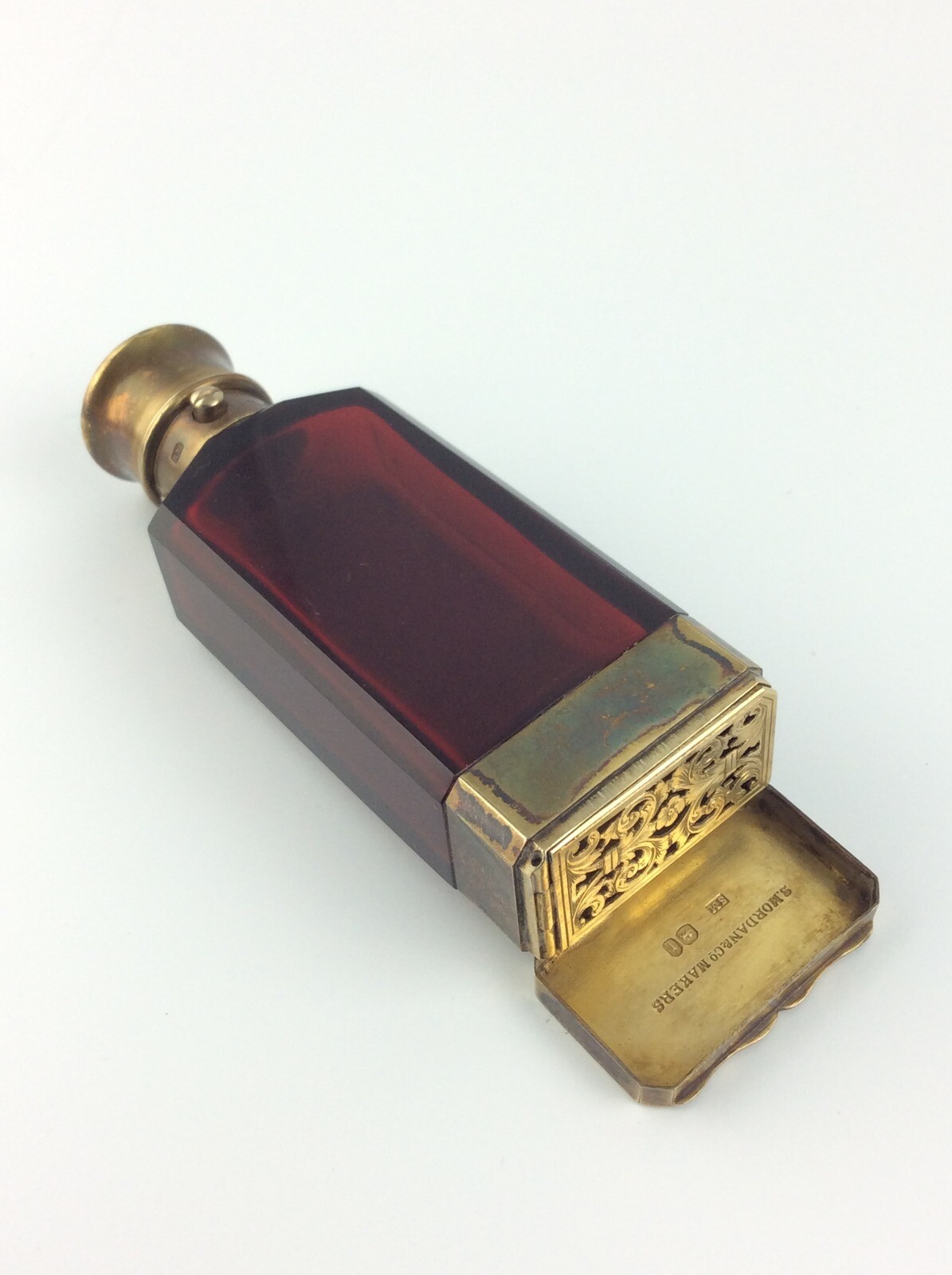 Antique Sampson Mordan red cut glass Sterling silver perfume bottle Vinaigrette