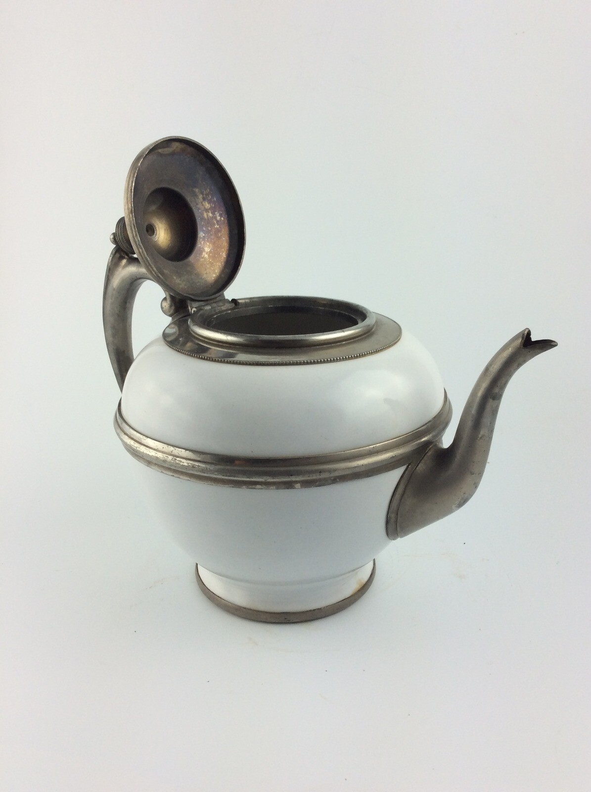 Antique victorian Graniteware & pewter teapot white enamelware porcelain
