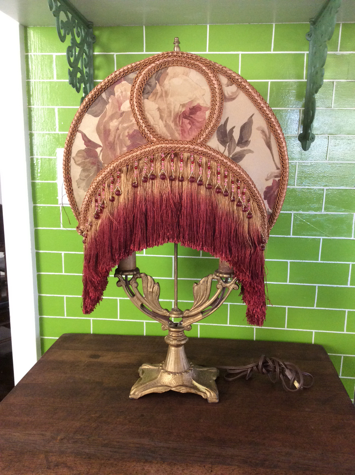 Vintage Victorian Lamp shade Fringed Beaded ROSES! WOW eBay