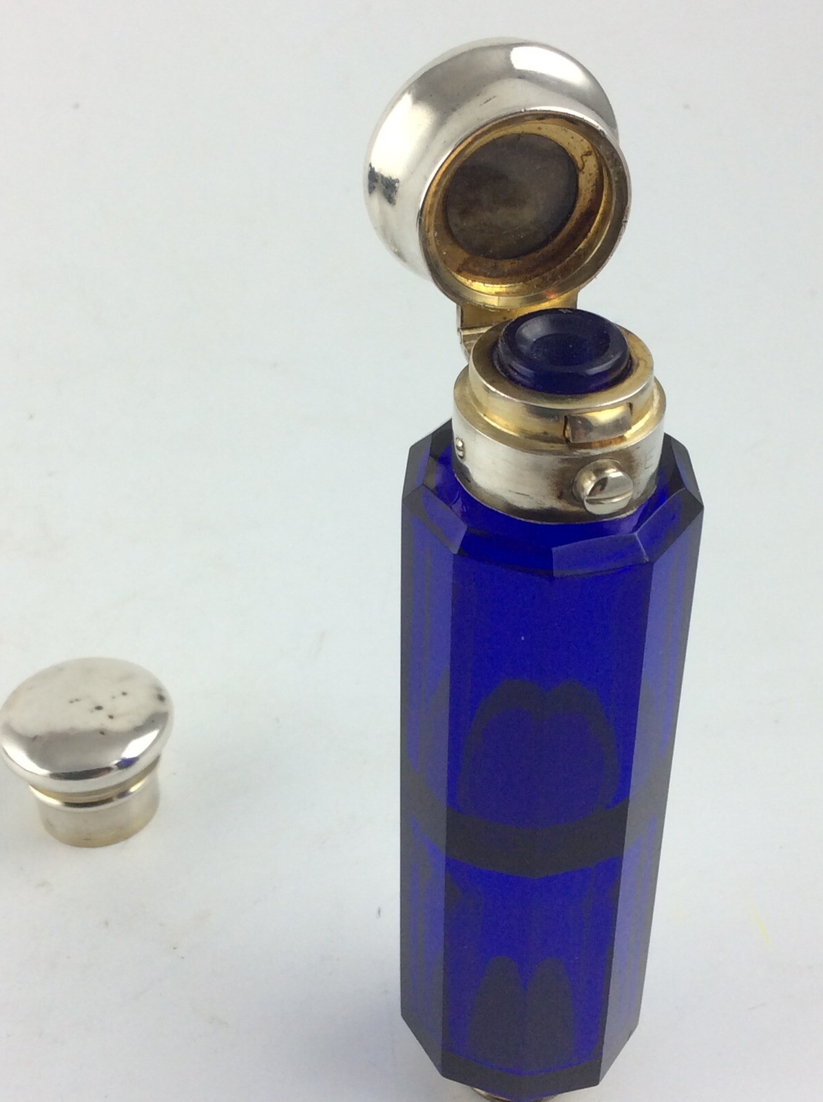 Antique Victorian Cobalt blue cut glass lay down dual perfume scent bottle