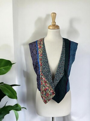Colorful Patchwork Flower Vest Waistcoat Open 90s Artsy Boho Hippie Festival L