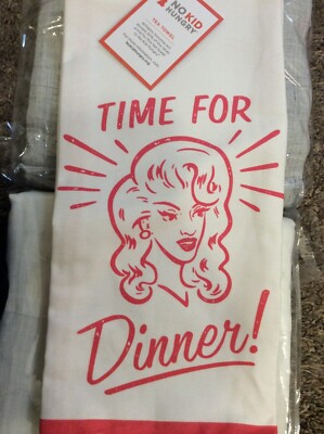 West Elm Two (2) Retro Time For Dinner Kitchen Tea Towels New!