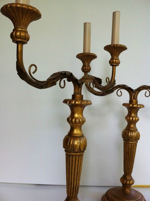 Pair French Late 19th Louis XVI Style Gilt Bronze Two-Arm Chandelier Table Lamps