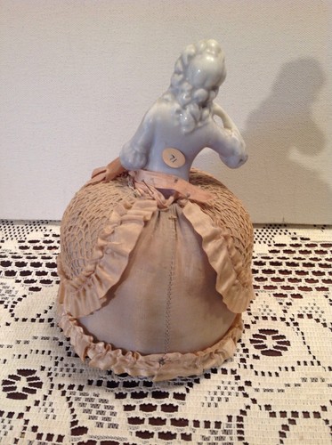 PORCELAIN VICTORIAN LADY HALF DOLL RUFFLED SKIRT AND PIN CUSHION BASE~VTG