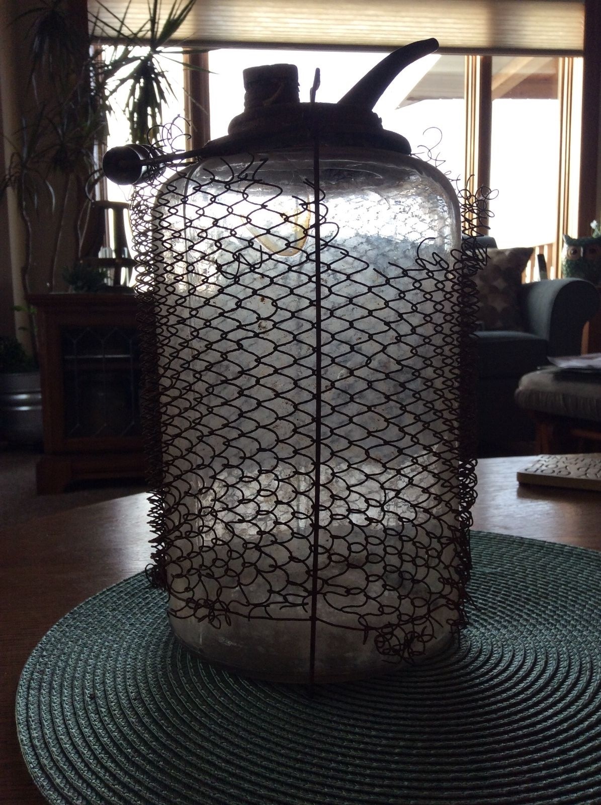 Antique Oil Kerosene Glass Container Metal Mesh on Outside