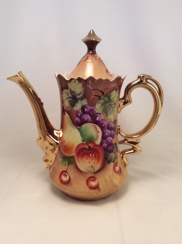 Lefton Heritage-Brown Fruit Pattern Coffee/Tea Serving Set Creamer Sugar