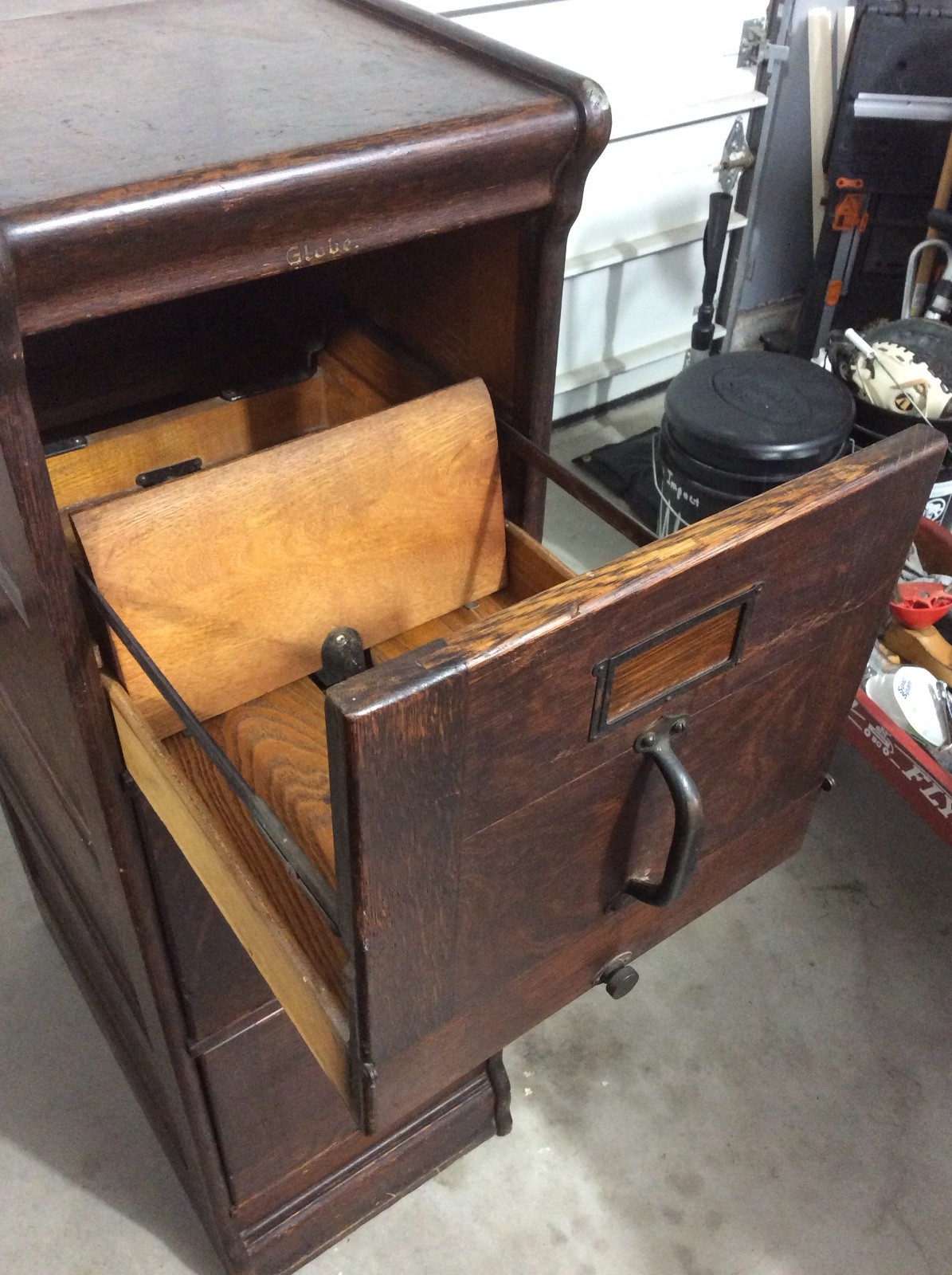 Vintage Globe 3-Drawer Oak Wood File Filing Cabinet Antique Tilt Out Face Wooden