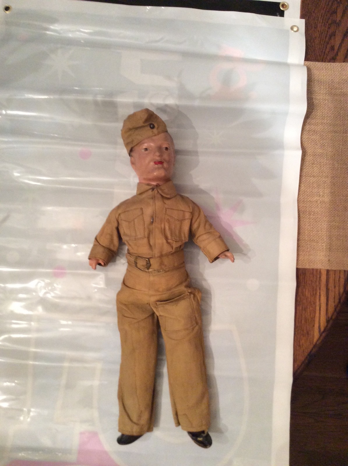 WWII Soldier Doll in Uniform Chalkware Head 20 inches Composition