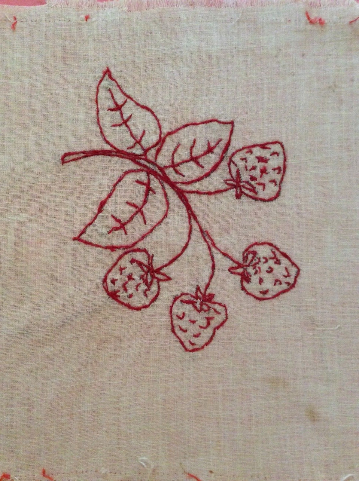 Three Vintage Redwork Embroidered Quilt Blocks - Fruit