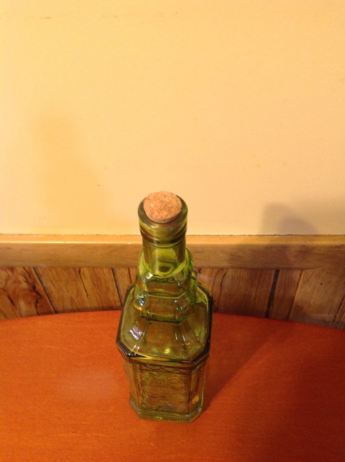 Glass Tall Neck Square Raised Patterns Green Bottle with Cork 12 Inch