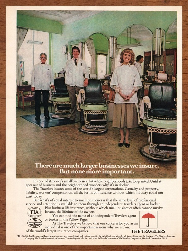 1981 The Travelers Insurance Vintage Print Ad/Poster Barber Shop Wall