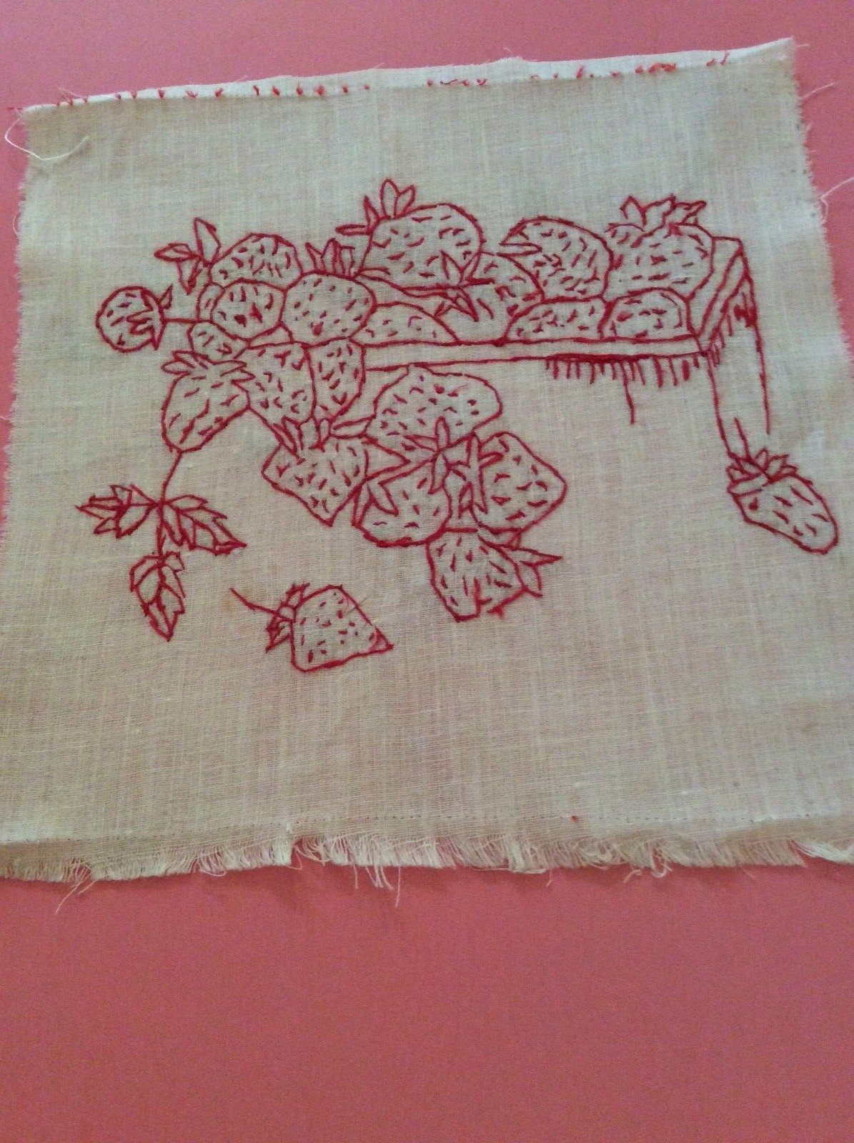 Three Vintage Redwork Embroidered Quilt Blocks - Fruit