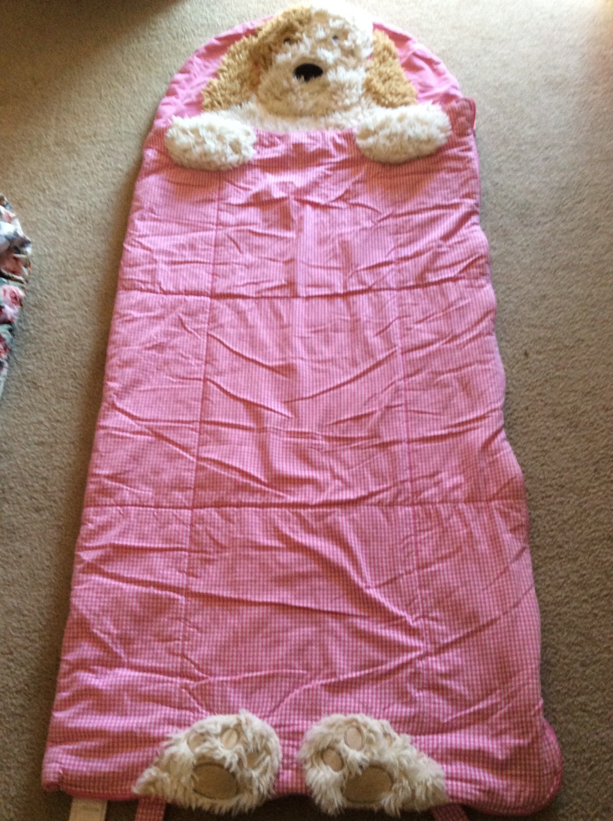 Pottery Barn Kids Shaggy Dog Puppy Sleeping Bag Pink Gingham W/Zipper