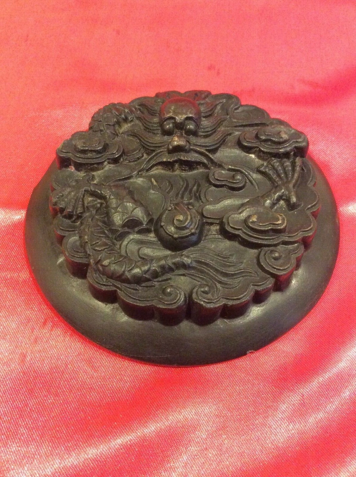 Large Antique Chinese Hand Carved Dragon Ink Stone with Lid